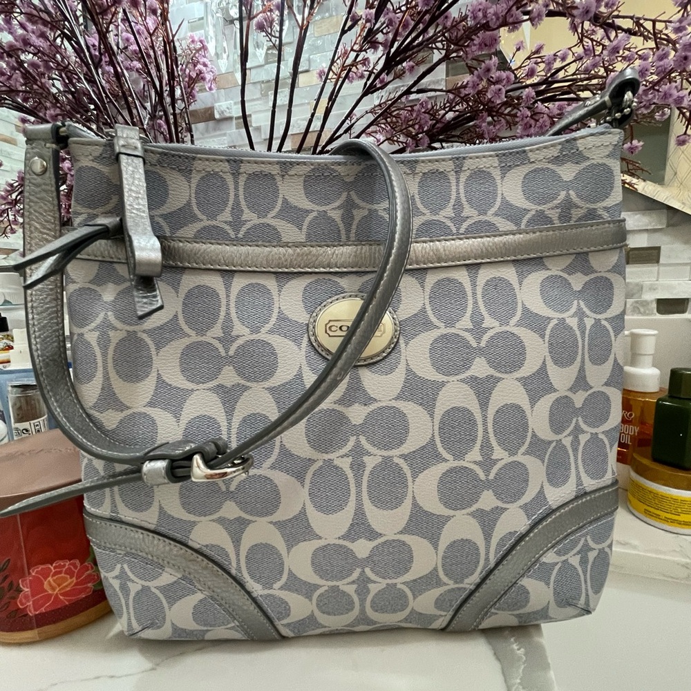 Coach Gray And Light Blue Signature Crossbody Shoulder Bag